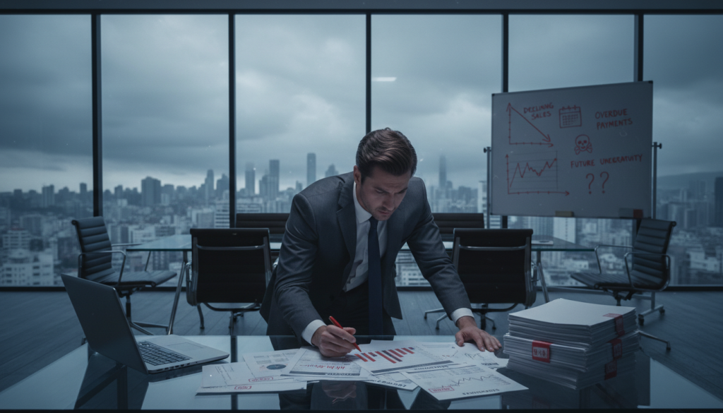 A corporate office environment showcasing signs of financial distress. In the foreground, a worried business executive, dressed in professional attire, reviews a stack of red-ink financial statements and invoices at a modern glass desk. The middle ground features a dimly lit conference room with empty chairs and a whiteboard displaying negative graphs and warning signs about insolvency, such as ‘Overdue Payments’ and ‘Declining Sales’. In the background, through a large window, a gloomy cityscape reflects a cloudy sky, symbolizing uncertainty and risk. The lighting is soft and moody, creating an atmosphere of tension and concern. Capture this scene from a slightly elevated angle to emphasize the executive’s stress and the ominous surroundings.