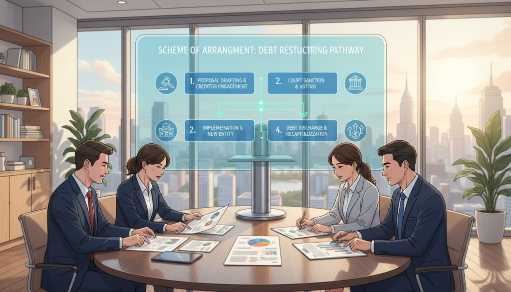 A detailed and engaging illustration of a "Scheme of Arrangement" for debt restructuring, set in a modern corporate office. In the foreground, a diverse group of four professionals—two men and two women—are gathered around a sleek conference table. They are dressed in professional business attire, focused on documents and charts that depict financial data and restructuring plans. In the middle ground, a large digital screen displays a visually appealing flowchart illustrating the key components of a Scheme of Arrangement, featuring arrows and connecting lines. The background includes large windows showcasing a city skyline, bathed in soft, natural daylight, creating an optimistic atmosphere. The overall mood of the scene is collaborative and progressive, with a sense of purpose and determination. The camera angle is slightly elevated, capturing both the team and the digital presentation effectively.