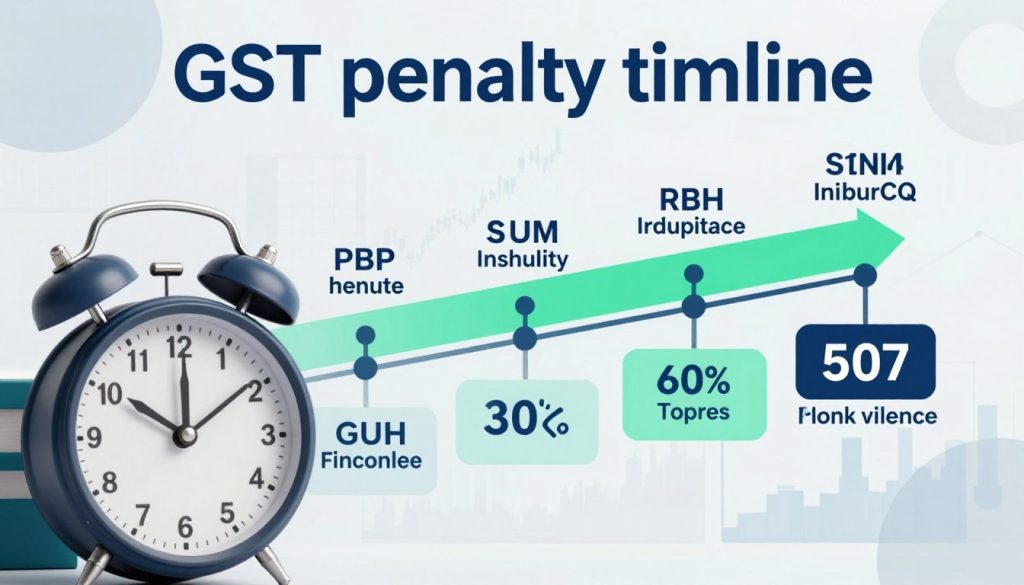 A detailed infographic depicting a "GST penalty timeline," focusing on the concept of penalties for GST non-compliance during insolvency. In the foreground, include a visual representation of a clock or calendar, symbolizing time and deadlines associated with penalties. In the middle, illustrate a timeline with distinct sections for different penalty stages, including graduated penalties and key dates. The background should consist of subtle financial graphs and abstract shapes, enhancing the theme of finance and compliance. Utilize a professional color palette with shades of blue, green, and gray, suggesting a serious yet hopeful atmosphere. The lighting should be soft and even, with no harsh shadows, creating an informative and inviting mood suitable for a business context.
