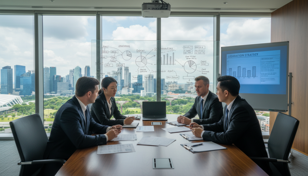 A detailed scene depicting the liquidation process in Singapore, showcasing a modern office environment. In the foreground, a diverse team of professionals in business attire, engaged in serious discussion around a sleek conference table, with documents and financial reports spread out. The middle ground features a large whiteboard with charts and graphs illustrating liquidation strategies, while a projector displays a financial presentation. In the background, through floor-to-ceiling windows, a view of Singapore’s iconic skyline, with skyscrapers and lush greenery reflecting a bustling business hub. Soft, natural lighting filters in, creating a focused atmosphere, enhanced by an angle that captures both the team and the cityscape, evoking a sense of urgency and professionalism.
