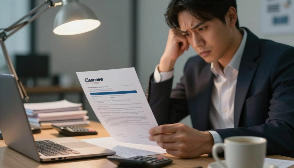 A focused desk scene depicting a concerned business professional in smart attire, intently examining a bank letter of demand, emphasizing its urgency. The foreground features a hand gripping the letter, adorned with formal stationery from "Clearview," revealing key details like a bold header. In the middle, a cluttered desk with a laptop, calculator, and a coffee mug exudes a sense of pressure and diligence. The background shows a blurred office setting, with soft, warm lighting emanating from a desk lamp to accentuate the seriousness of the moment. The overall atmosphere is tense yet determined, highlighting the critical nature of addressing financial obligations promptly, set at eye level to create an engaging and immersive experience.