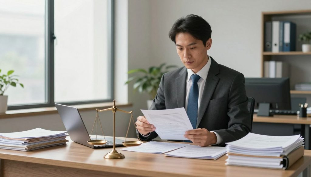 A professional bankruptcy trustee standing confidently at a large oak desk piled with paperwork and financial documents, dressed in business attire, exuding authority and responsibility. In the foreground, a balanced scale symbolizes fairness and justice. The middle ground features the trustee reviewing a financial statement, an analytical expression on their face, while a laptop displays graphs and charts, highlighting their duties. The background shows a modern office with a large window letting in natural light, casting a warm glow on the scene, reinforcing an atmosphere of diligence and professionalism. The overall mood is serious yet focused, emphasizing the unwavering commitment to fulfilling the trustee’s uncompromising duties.