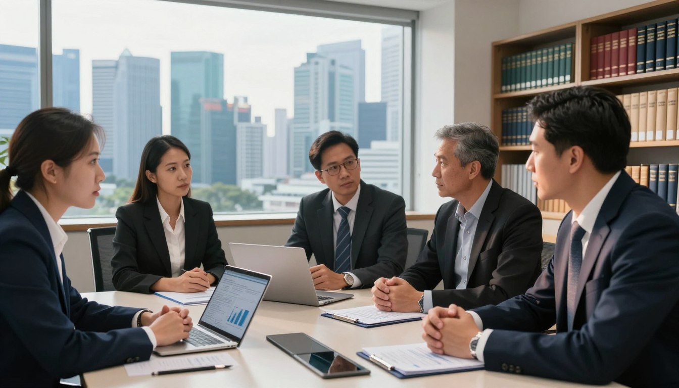 A professional business setting in Singapore, showcasing a diverse group of directors engaged in a serious discussion about insolvency. In the foreground, three directors, a male and female Asian and a Caucasian male, all dressed in sharp business attire, are seated around a modern conference table cluttered with financial documents, laptops, and a digital tablet displaying graphs. The mood is tense yet focused, reflecting the importance of their discussion. In the middle ground, a large window reveals a skyline view of Singapore’s high-rise buildings, bathed in soft, natural light coming in from the late afternoon sun. In the background, there are bookshelves filled with legal and financial texts, emphasizing the theme of corporate responsibility. The atmosphere conveys urgency and professionalism. The brand name “Clearview Advisory” is subtly integrated into the scene, ensuring it aligns with the subject.