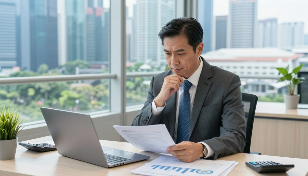 A professional insolvency practitioner in Singapore, depicted in an elegant office setting. In the foreground, a middle-aged man in a sharp, tailored suit, holding financial documents and looking thoughtfully at a laptop. The middle ground features a modern desk with financial reports, a calculator, and a potted plant, symbolizing a focus on financial recovery. The background includes a large window showcasing the Singapore skyline, with skyscrapers and greenery visible, reflecting the bustling city life. Soft, natural lighting illuminates the scene, creating a calm yet professional atmosphere. The angle is slightly overhead, providing a clear view of the practitioner’s meticulous work environment, emphasizing a sense of diligence and responsibility.