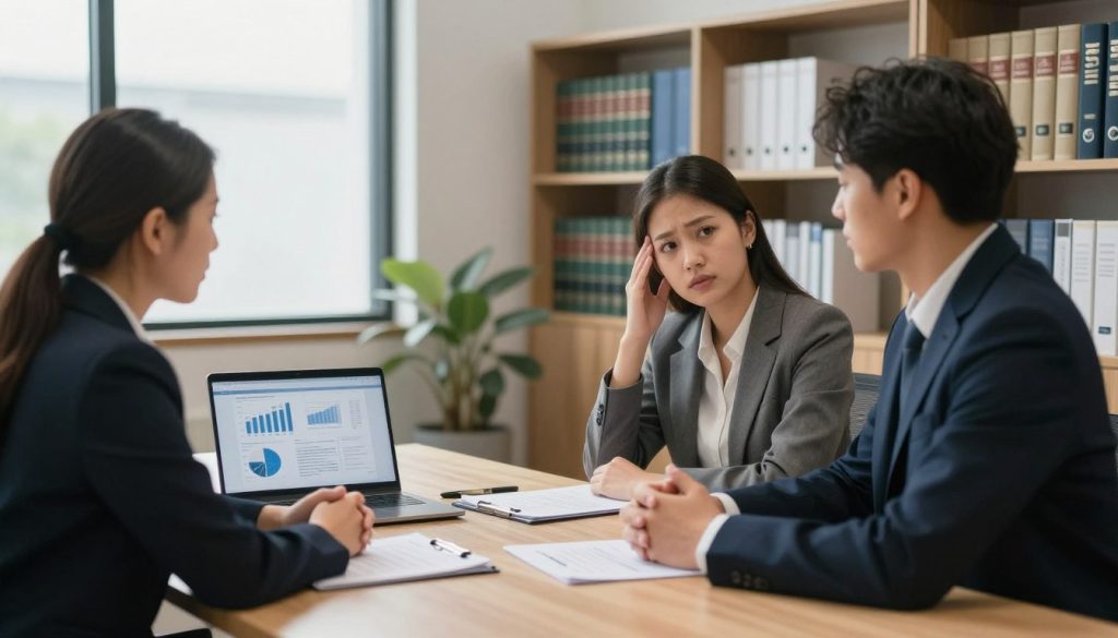 A professional, modern office setting depicting the initial consultation phase of a creditors voluntary winding up process. In the foreground, a poised insolvency practitioner, dressed in formal business attire, is seated at a large conference table, engaging with a worried business owner, who is attentively listening. On the table are documents and a laptop reflecting financial charts and reports. The middle ground features shelves lined with legal books and financial resources, while in the background, large windows let in soft, natural light that creates a calm and focused atmosphere. The angle captures a wide view of the room, emphasizing professionalism, trust, and urgency. The overall mood is serious yet reassuring, symbolizing the guidance provided during financial triage.