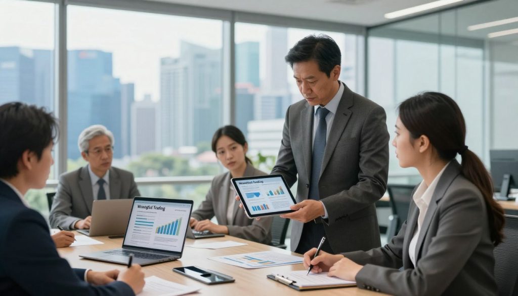 A professional office environment in Singapore, showcasing a diverse group of business professionals engaged in a serious discussion about financial accountability. In the foreground, a middle-aged Asian man in a tailored suit stands, presenting data on a digital tablet, while a young Caucasian woman in business attire listens attentively, taking notes. In the middle, a modern conference table with scattered financial documents and a laptop displays financial charts and graphs. The background features a panoramic view of Singapore's skyline through large glass windows, with bright natural light flooding the room, creating a transparent, open atmosphere that conveys the seriousness of financial responsibility. The mood is tense yet focused, emphasizing the transition from "Insolvent Trading" to "Wrongful Trading", with the brand name "Clearview Advisory" subtly integrated into the scene.