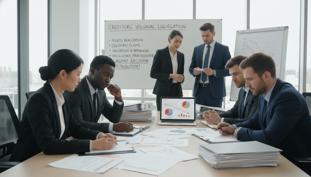 A professional office setting depicting the process of creditors' voluntary liquidation. In the foreground, a diverse group of three business professionals in formal attire examines financial documents and folders filled with paperwork, displaying expression of contemplation. In the middle ground, a large conference table is surrounded by more professionals and scattered papers, with a laptop showing graphs in distress. A whiteboard in the background displays terms related to liquidation, such as “assets”, “creditors”, and “valuation”, all under soft, diffused lighting that creates a serious and focused atmosphere. The angle is slightly elevated to capture the dynamics of the discussion, conveying a sense of urgency and critical decision-making within the context of a company in liquidation.