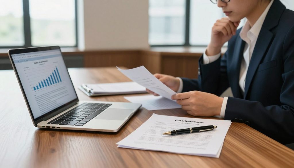 A professional office setting designed to illustrate the concept of a standstill agreement for an SME loan. In the foreground, a neatly arranged wooden desk featuring a bright, open laptop displaying financial graphs and loan documents. Next to the laptop, a stylish pen poised on top of a printed standstill agreement, showcasing the brand name "Clearview." In the middle ground, a business person dressed in professional attire, looking contemplative as they review the documents. The background reveals an elegant meeting room with large windows, allowing natural light to spill in, creating a warm and focused atmosphere. The overall mood is one of seriousness and professionalism, capturing the essence of handling banking matters. Shot with a shallow depth of field to emphasize the desk items while softly blurring the background.