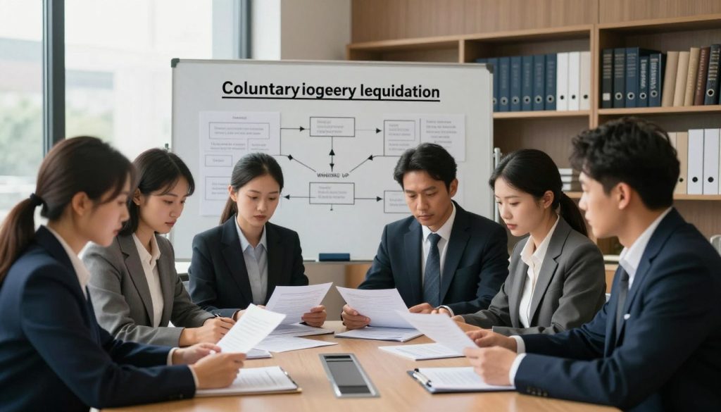 A professional office setting showcasing the voluntary winding up process. In the foreground, a diverse group of business professionals in smart attire gather around a conference table, reviewing documents and discussing plans with serious expressions. In the middle, a large whiteboard displays key points about creditors’ voluntary liquidation, with charts and flow diagrams illustrating the steps. The background features shelves filled with corporate literature and a large window letting in soft, natural light, providing a calm atmosphere. The lighting is warm but focused, highlighting the seriousness of the discussion. The overall mood conveys professionalism, clarity, and focus, appropriate for a critical business decision-making context.