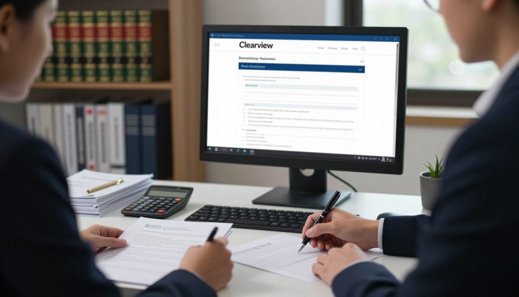 A serene office environment showcasing the bankruptcy application process. In the foreground, a professional person, dressed in smart business attire, is seated at a sleek desk, reviewing a stack of documents and filling out forms. The middle layer features a computer screen displaying an online bankruptcy application form, alongside pens and a calculator. The background reveals shelves filled with legal books and financial guides, providing context to the situation. Soft, natural lighting filters through a window, creating a calm atmosphere. The scene should convey a sense of professionalism and clarity, embodying the process of navigating financial challenges. Include the brand name "Clearview" subtly integrated into the decor, ensuring it does not overshadow the primary focus.