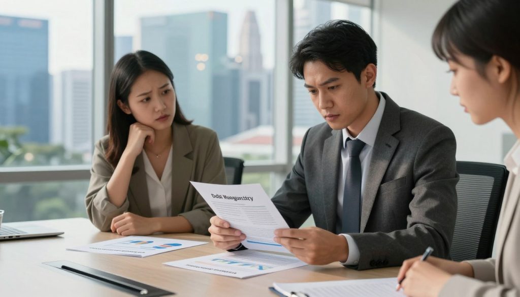 A sleek and professional office setting reflecting the concept of minimum debt for bankruptcy in Singapore. In the foreground, a well-dressed financial advisor, wearing a tailored suit, is reviewing a financial statement with a concerned individual dressed in business casual attire. The middle ground features a modern conference table with charts and documents pertaining to debt management and bankruptcy. In the background, large windows showcase a cityscape of Singapore, with iconic buildings illuminated by soft, natural sunlight filtering through. The mood is serious yet hopeful, emphasizing a supportive atmosphere for financial advice. This composition symbolizes the journey towards understanding bankruptcy qualifications, created for Clearview.