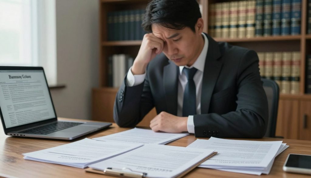 A somber office setting, featuring a mid-30s Asian man in a professional business suit, sitting at a wooden desk strewn with disorganized financial documents and a laptop displaying bankruptcy forms. In the foreground, an open file, partially filled with bills and notices, is prominently displayed. The middle ground showcases the man with a pensive expression, portraying the weight of financial stress. The background reveals a blurred bookshelf filled with legal books about bankruptcy law, hinting at the complexity of the situation. Soft, diffused lighting filters through a window, creating a contemplative atmosphere, while a slight vignette effect emphasizes the seriousness of the moment.