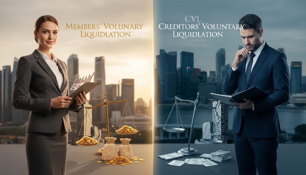 A split-image composition illustrating the differences between MVL (Members Voluntary Liquidation) and CVL (Creditors Voluntary Liquidation) strategies. In the foreground, a professional businesswoman in a tailored suit stands confidently, holding a clipboard with graphs, representing MVL. Her expression is optimistic, surrounded by warm lighting. In contrast, on the other side, a businessman in formal attire appears contemplative, peering over financial documents, symbolizing CVL, with cooler lighting to evoke seriousness. The middle ground features symbolic elements, such as scales of justice balancing coins and a company building silhouette, representing solvent and insolvent states. The background includes a softly blurred Singapore skyline, conveying a business-centric atmosphere. The overall mood reflects professionalism and clarity, emphasizing distinct approaches to liquidation.