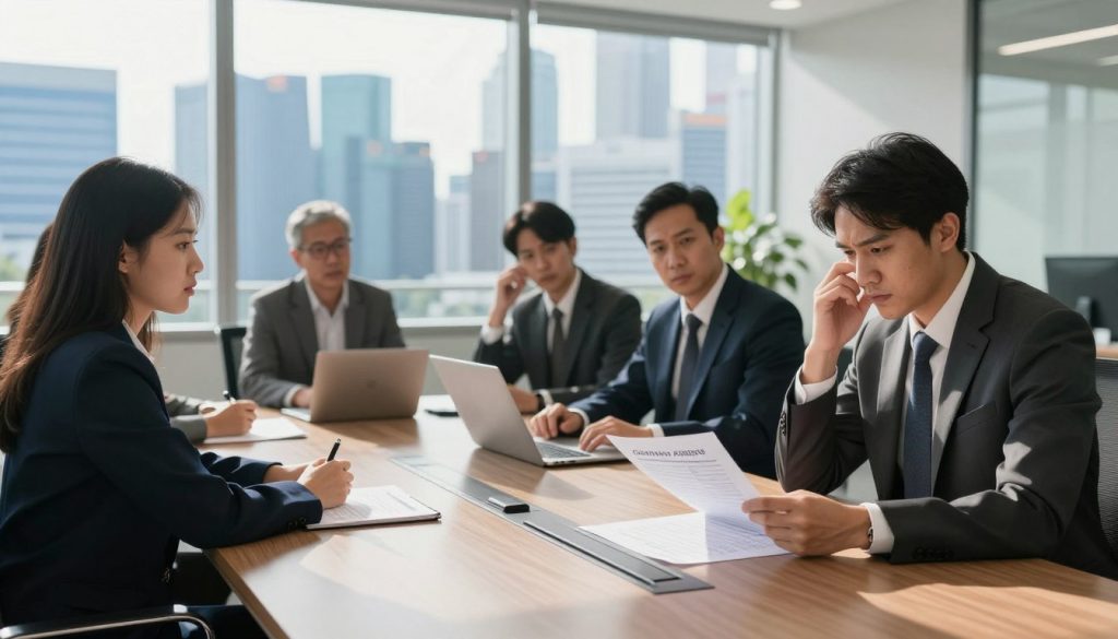 A well-lit, modern office environment in Singapore, featuring a sleek conference table surrounded by business professionals dressed in formal attire, discussing corporate insolvency. In the foreground, a worried-looking director is analyzing financial documents, highlighting issues of wrongful trading. In the middle ground, colleagues are engaged in a serious conversation, with expressions reflecting concern and determination. The background showcases a panoramic view of Singapore's skyline through large glass windows, conveying the business context. Soft, natural light filters in, casting long shadows on the table. The atmosphere is tense yet focused, emphasizing the gravity of insolvency issues. Include the brand name "Clearview Advisory" subtly integrated into the office decor, ensuring it is a safe and professional setting free of any text overlays or distractions.
