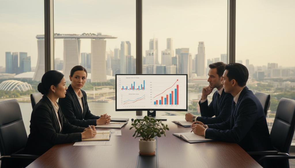 A visually striking representation of "financial health," featuring a well-organized office space in the foreground. Centered in the image is a diverse group of business professionals, including a confident woman and an attentive man, both attired in formal business suits, discussing financial charts displayed on a sleek, modern monitor. In the middle ground, a large wooden conference table is adorned with neatly arranged financial documents, graphs showing positive cash flow and growth, and a small potted plant symbolizing prosperity. The background reveals a panoramic view of Singapore's skyline through large glass windows, with daylight streaming in, creating a bright and optimistic atmosphere. The lighting is warm, emphasizing a sense of security and stability in financial health, captured with a slight depth of field to highlight the professionals and their important discussion.