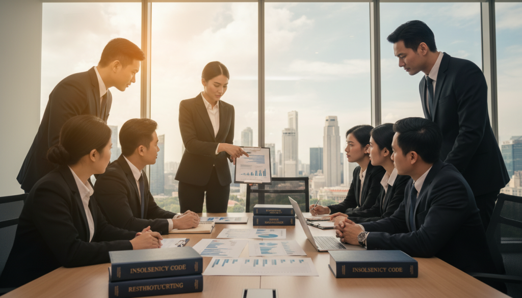 A well-lit, professional office environment showcasing a diverse group of businesspeople engaged in a discussion around insolvency laws. In the foreground, a confident woman in a tailored business suit points at a legal document while others listen attentively, all dressed in professional attire. The middle layer features a sleek wooden conference table scattered with charts and legal books, indicating the complexity of the subject. In the background, a large window reveals the Singapore skyline, hinting at the financial hub's context. Soft natural light filters through the glass, creating a serious yet hopeful atmosphere. The scene conveys a sense of urgency and determination as the team deliberates on the legal framework governing insolvent trading.