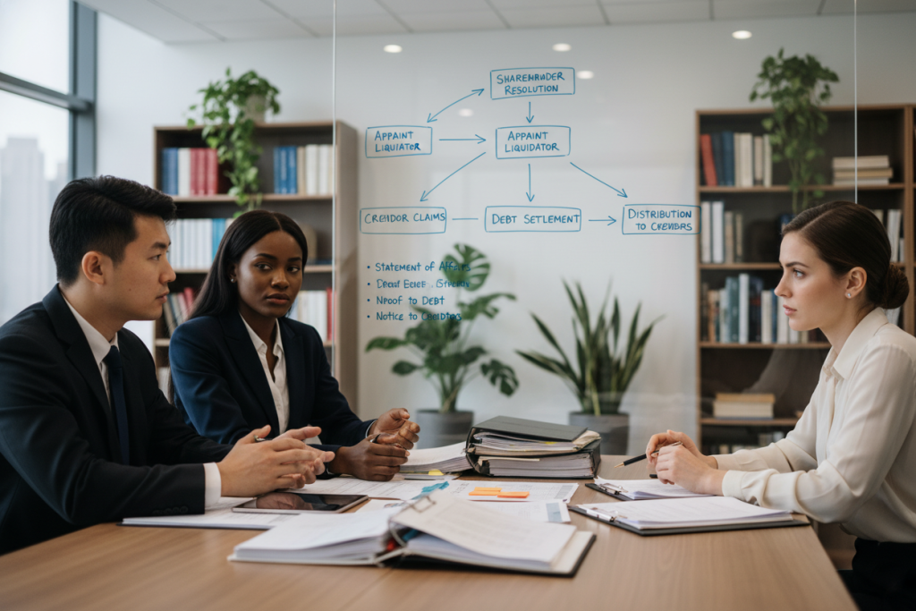 A close-up scene illustrating the creditors voluntary liquidation process within a modern office environment. In the foreground, a diverse group of professionals in business attire—an Asian man, a Black woman, and a Caucasian woman—are engaged in a serious discussion around a conference table filled with documents and financial reports. In the middle ground, a large whiteboard displays flowcharts and key terms related to the liquidation process, like "Asset Valuation," "Debt Settlement," and "Distribution." The background features shelves filled with legal books and potted plants, creating a warm atmosphere. The lighting is soft yet focused, simulating a productive office ambiance. The image conveys a sense of urgency and professionalism, emphasizing collaboration and critical decision-making in financial restructuring.